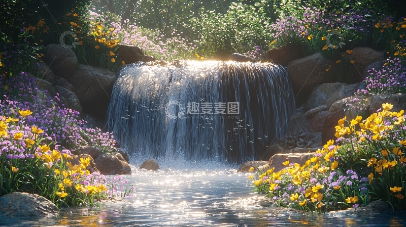 高清大图下载【趣麦麦图】唯美瀑布鲜花环绕
