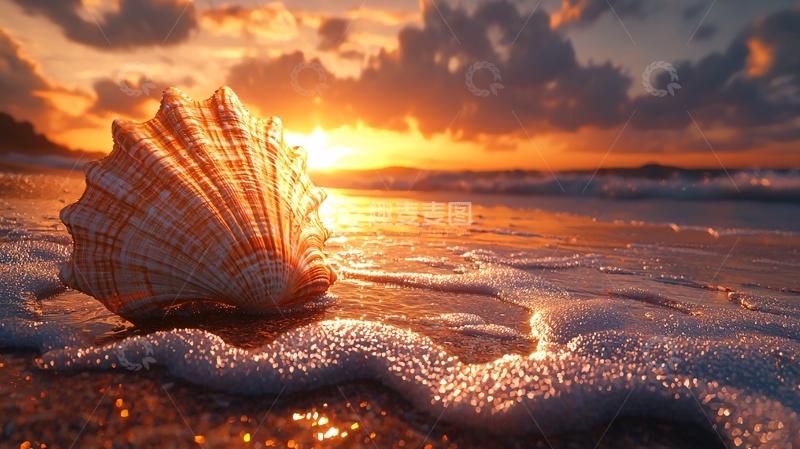 高清大图下载【趣麦麦图】海滩上的贝壳日落美景