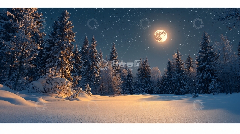 高清大图下载【趣麦麦图】雪夜森林满月星空
