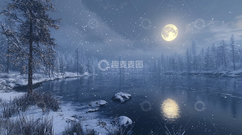 高清大图下载【趣麦麦图】冬夜月光下的冰湖雪景