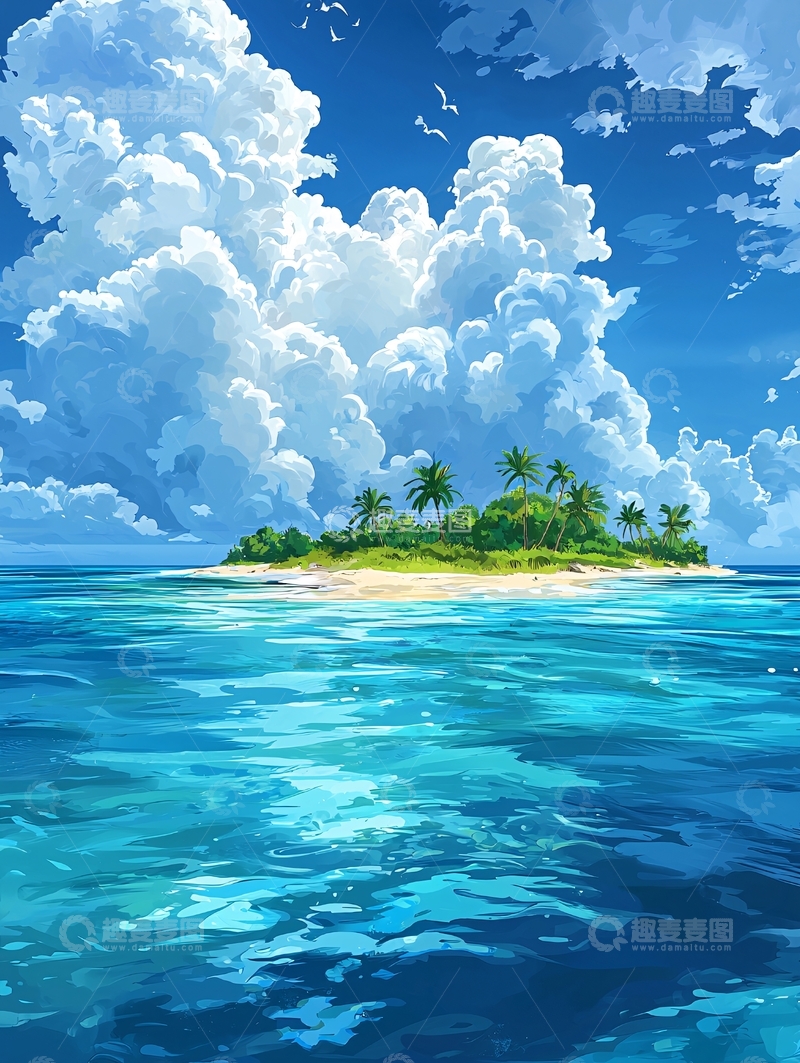 高清大图下载【趣麦麦图】海岛椰树云朵天空碧海蓝天