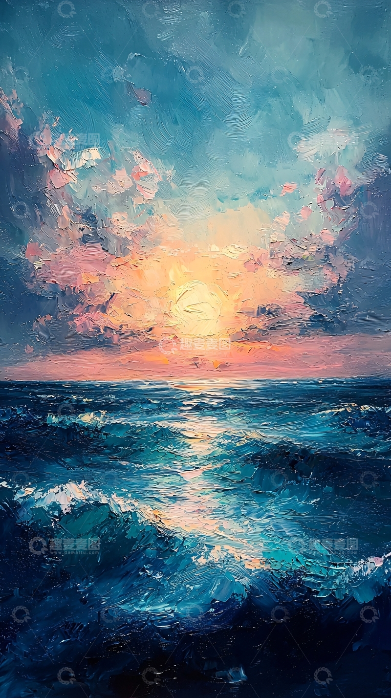 高清大图下载【趣麦麦图】海面日落的油画风格