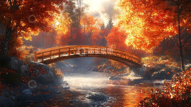 高清大图下载【趣麦麦图】秋日小桥流水唯美油画