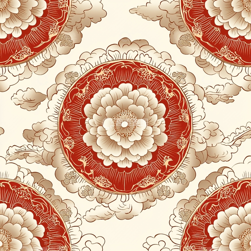 高清大图下载【趣麦麦图】圆形牡丹祥云纹样