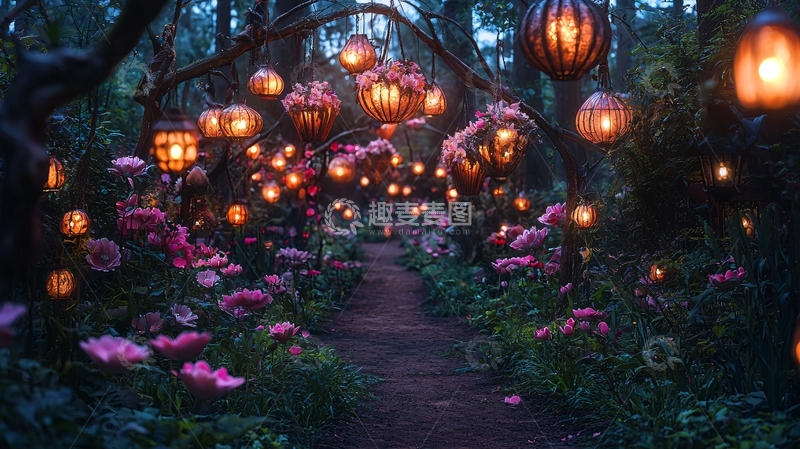 高清大图下载【趣麦麦图】梦幻森林灯笼小路
