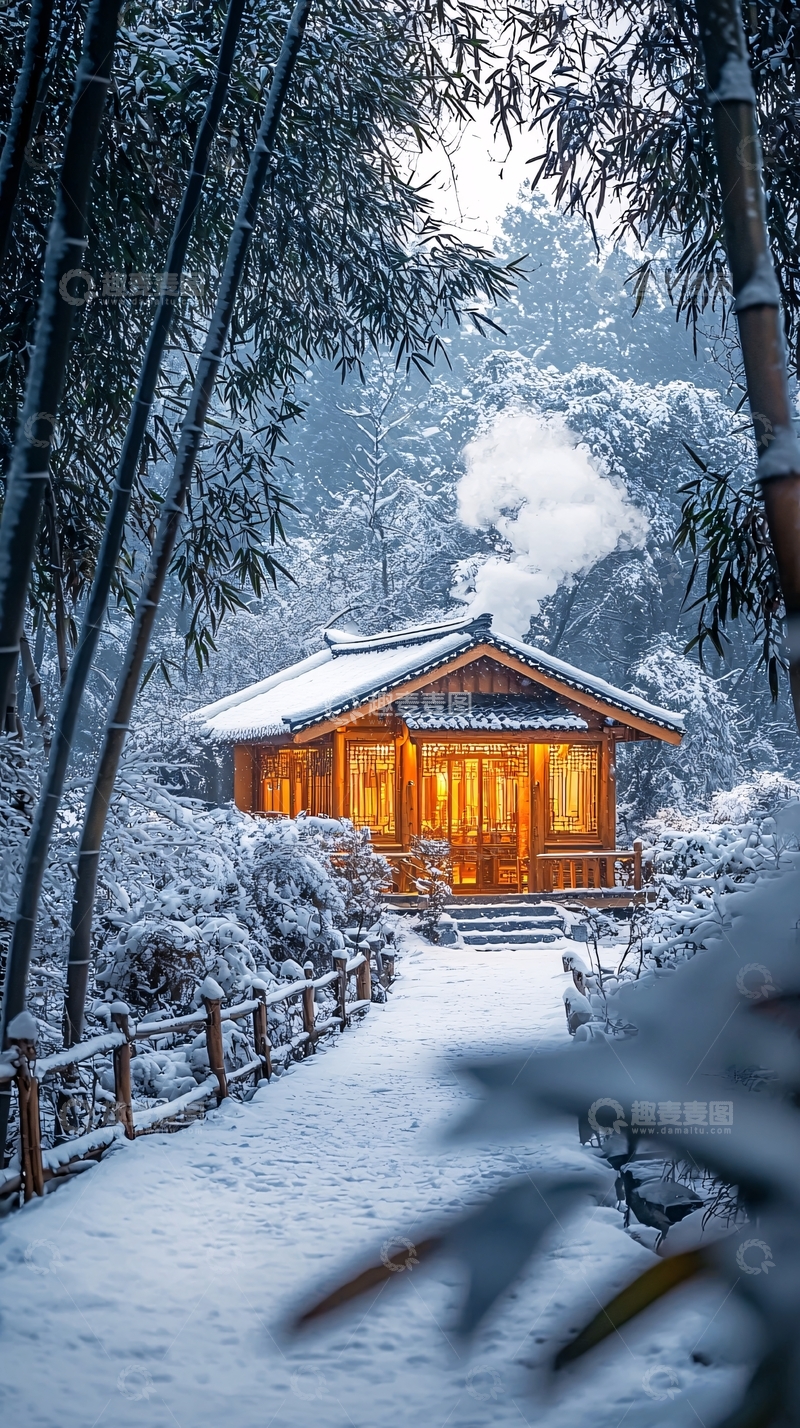 高清大图下载【趣麦麦图】雪中竹林木屋