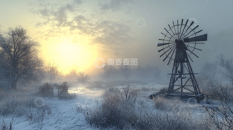 高清大图下载【趣麦麦图】冬日清晨的雾凇风车