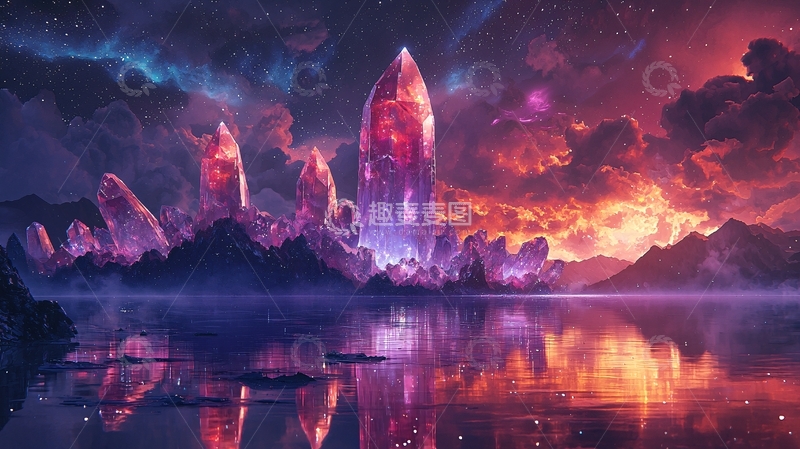 高清大图下载【趣麦麦图】奇幻水晶山脉湖泊