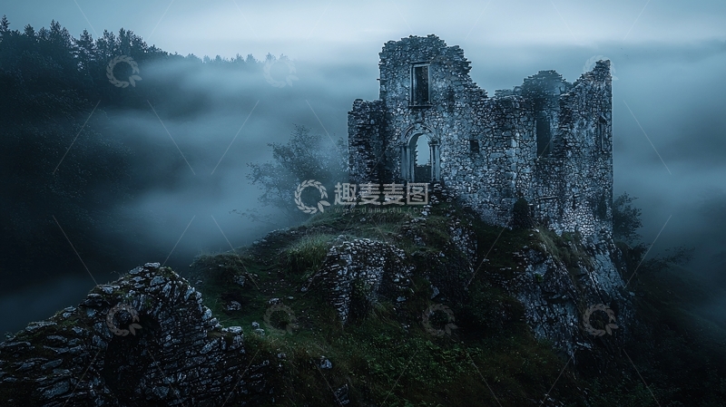 高清大图下载【趣麦麦图】雾气缭绕的古老城堡废墟