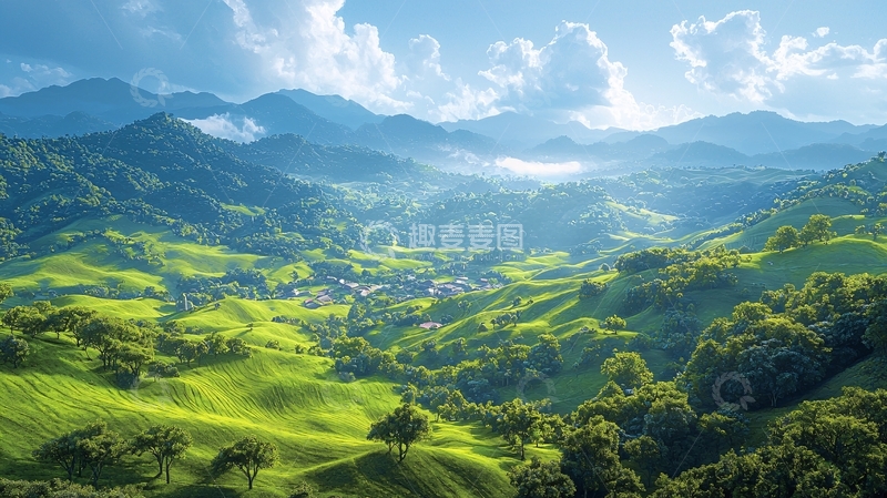 高清大图下载【趣麦麦图】阳光下的绿色山谷
