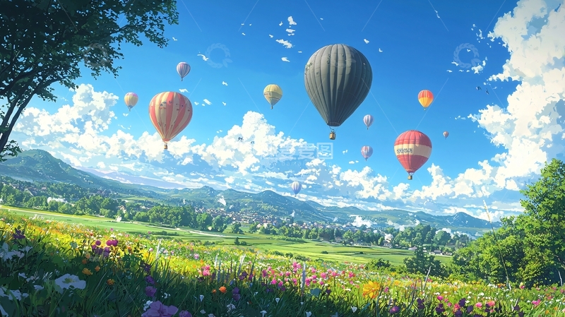 高清大图下载【趣麦麦图】热气球飞过田园风光