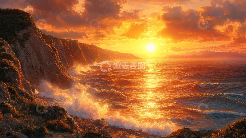 高清大图下载【趣麦麦图】日落海边悬崖峭壁
