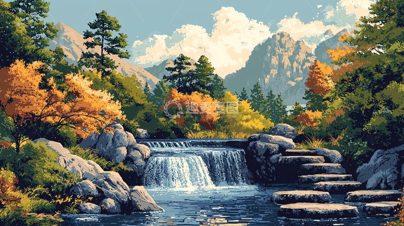 高清大图下载【趣麦麦图】秋色山林瀑布