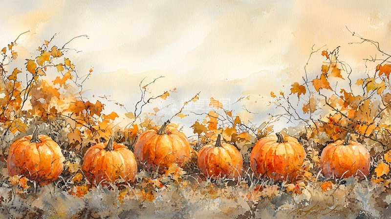 高清大图下载【趣麦麦图】秋季南瓜水彩画