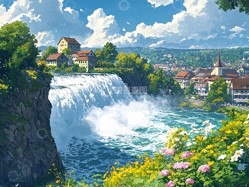 高清大图下载【趣麦麦图】瀑布小镇