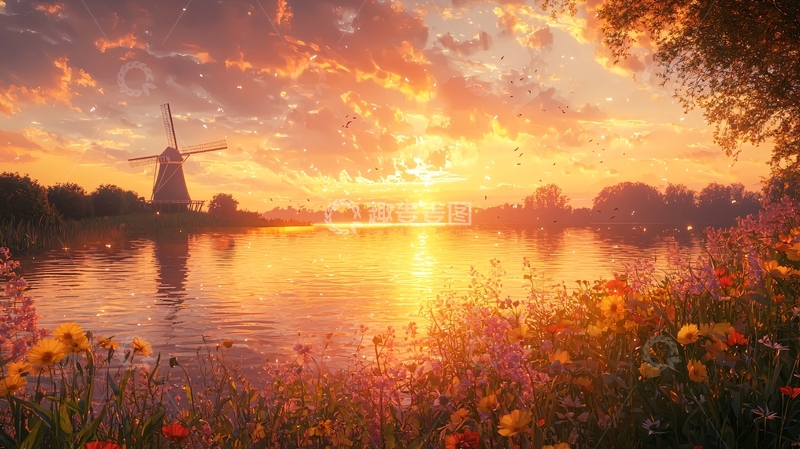 高清大图下载【趣麦麦图】日落风车田园风光