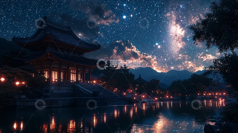高清大图下载【趣麦麦图】星空下的古建筑