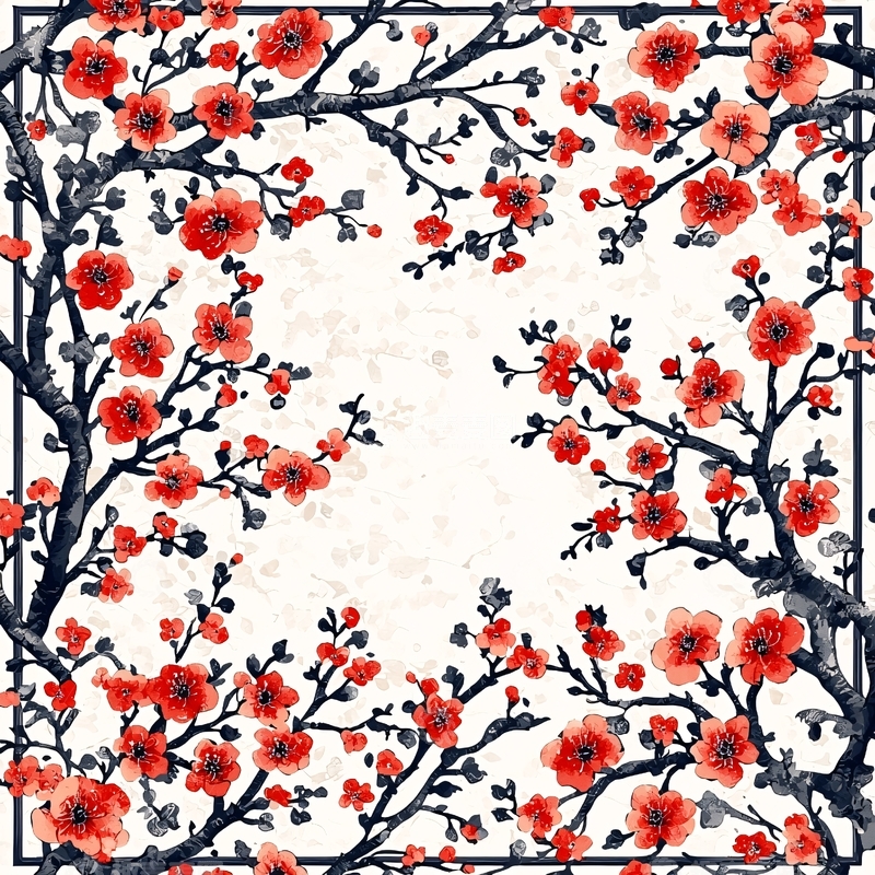 高清大图下载【趣麦麦图】红色花朵枝干方形图案