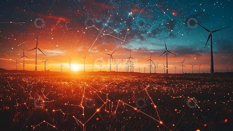 高清大图下载【趣麦麦图】风力发电场日落星空