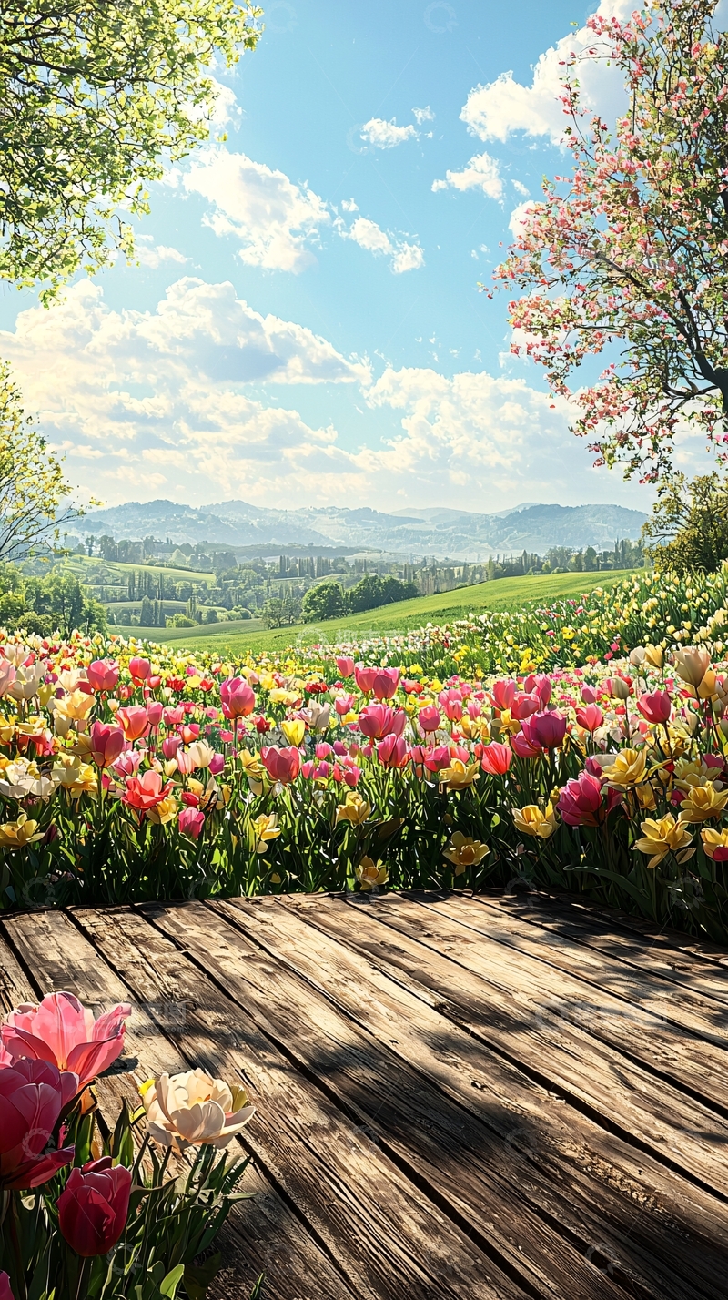 高清大图下载【趣麦麦图】春天花海木板路