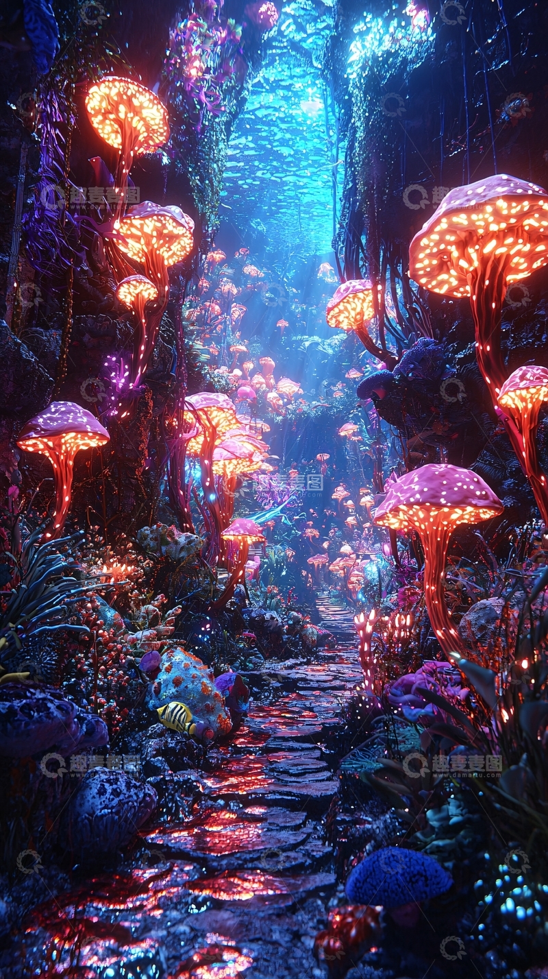 高清大图下载【趣麦麦图】发光蘑菇森林小路