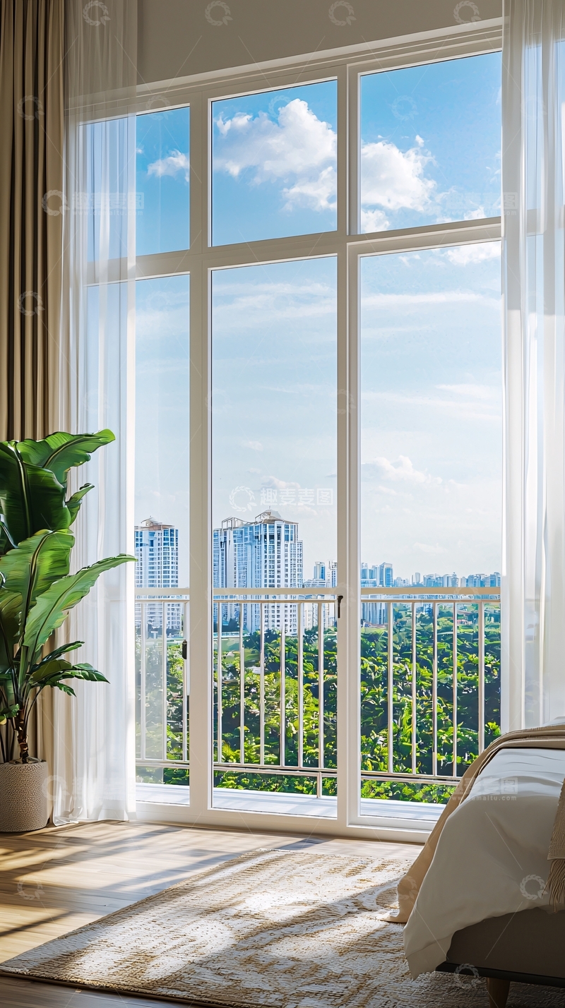 高清大图下载【趣麦麦图】阳光洒进卧室落地窗