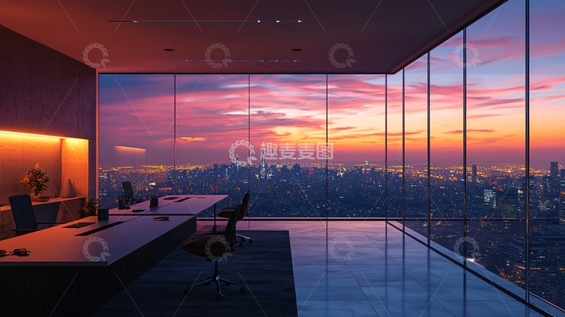 高清大图下载【趣麦麦图】极简风格落地窗办公室夜景
