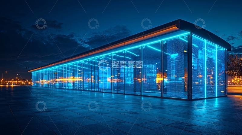 高清大图下载【趣麦麦图】夜晚蓝色灯光玻璃公交候车亭