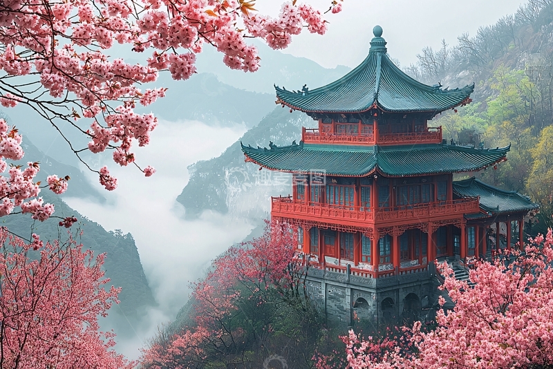 高清大图下载【趣麦麦图】山顶樱花古建筑