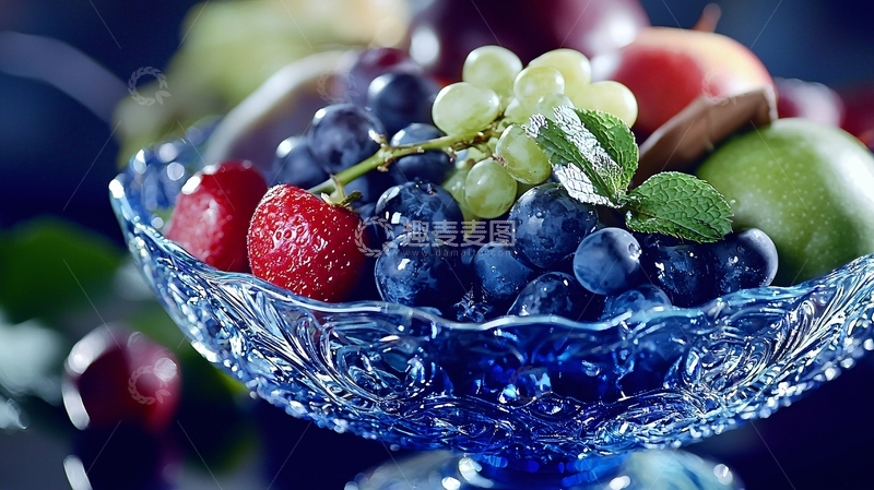 高清大图下载【趣麦麦图】蓝色玻璃水果拼盘