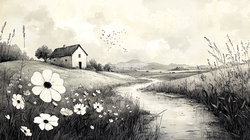 高清大图下载【趣麦麦图】黑白乡村风景画