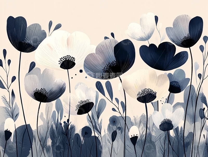 高清大图下载【趣麦麦图】蓝灰色花卉水彩画