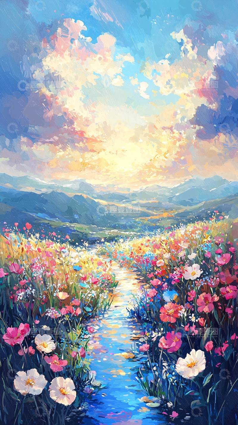 高清大图下载【趣麦麦图】梦幻花田溪流