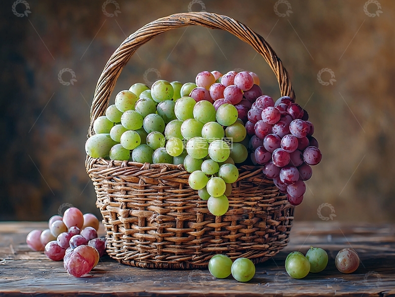 高清大图下载【趣麦麦图】藤编篮子里的绿葡萄和红葡萄