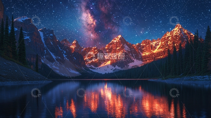 高清大图下载【趣麦麦图】湖面倒影星空下的山峰