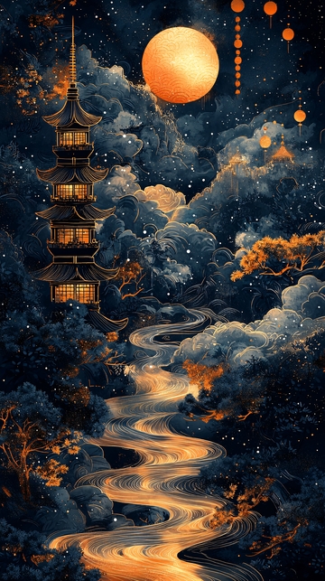 水墨画风格夜景