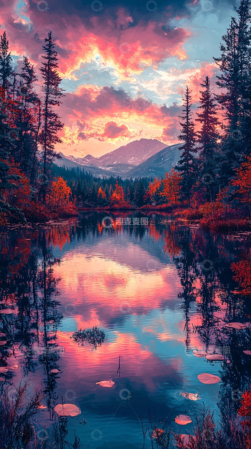 高清大图下载【趣麦麦图】秋日山林湖泊倒影