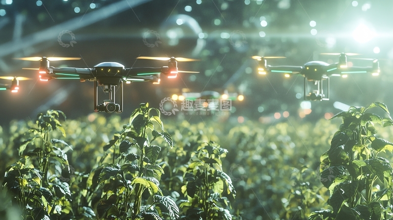 高清大图下载【趣麦麦图】夜间无人机农田作业