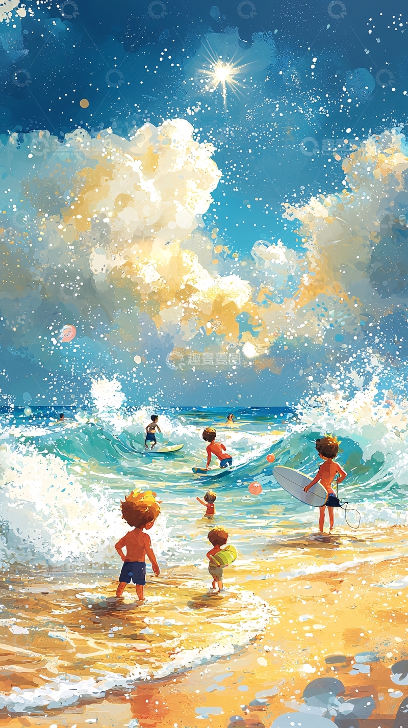 高清大图下载【趣麦麦图】孩子们在海边冲浪