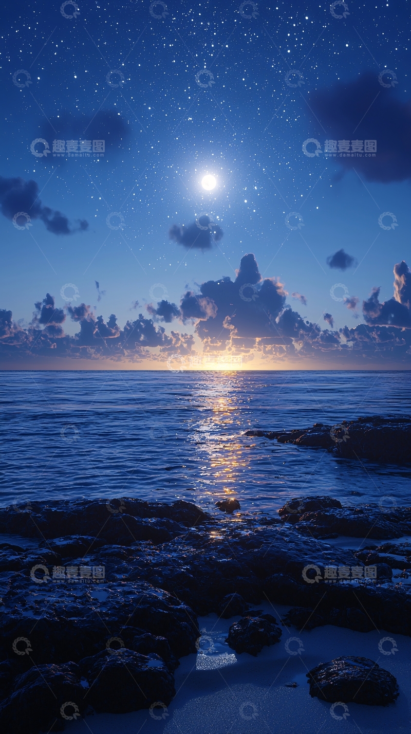 高清大图下载【趣麦麦图】海面星空月亮夜景
