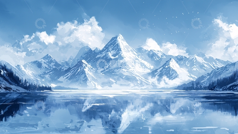 高清大图下载【趣麦麦图】冰雪覆盖的山脉与平静湖泊