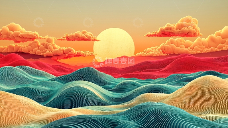 高清大图下载【趣麦麦图】日落山峦剪纸风格