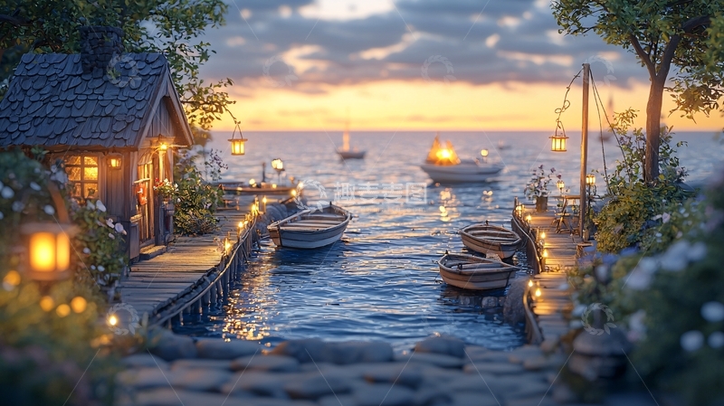 高清大图下载【趣麦麦图】傍晚海边小屋风景