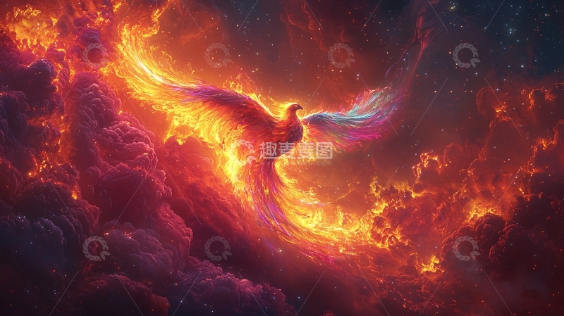 高清大图下载【趣麦麦图】火红云彩中飞舞的凤凰