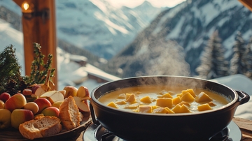 雪山背景下的奶酪火锅