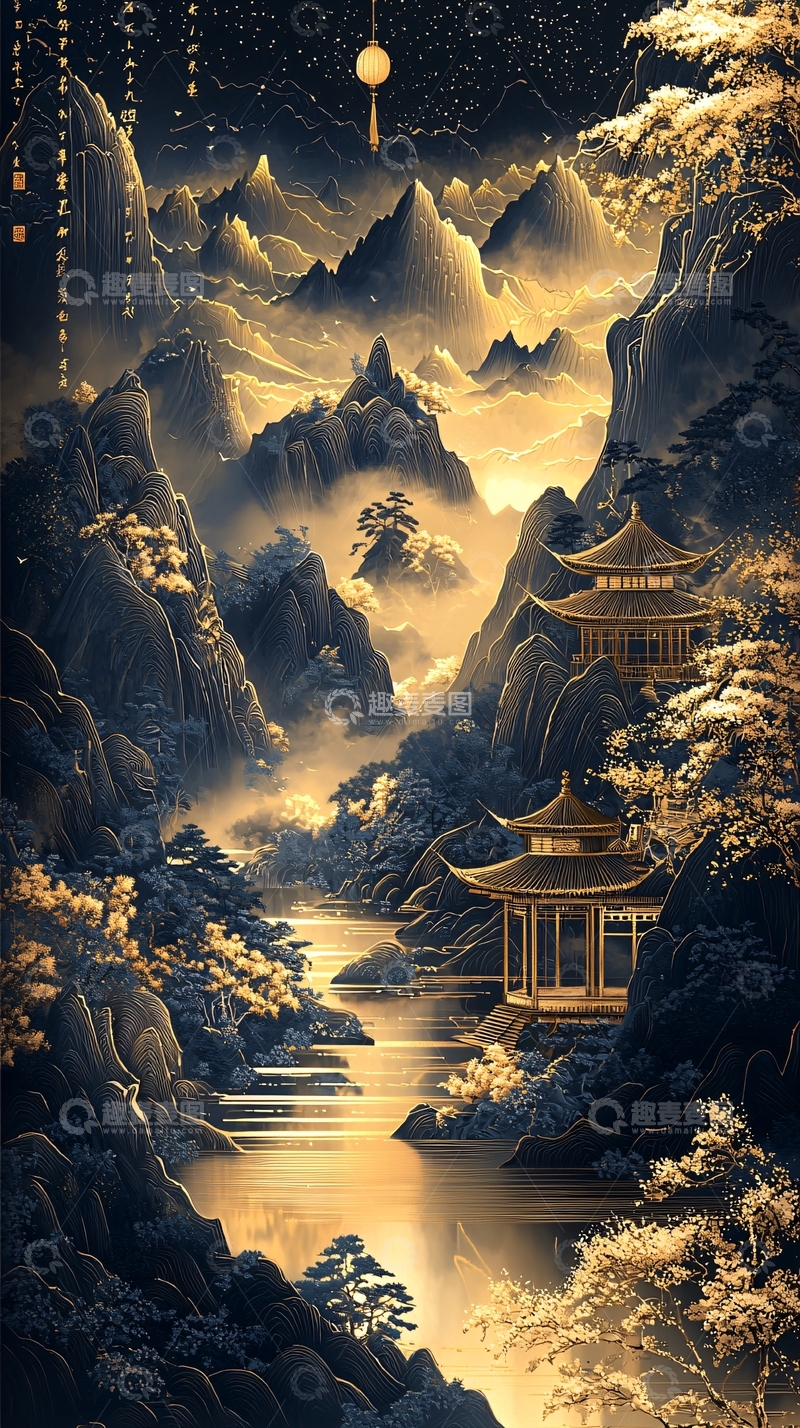 高清大图下载【趣麦麦图】水墨风山水楼阁金光