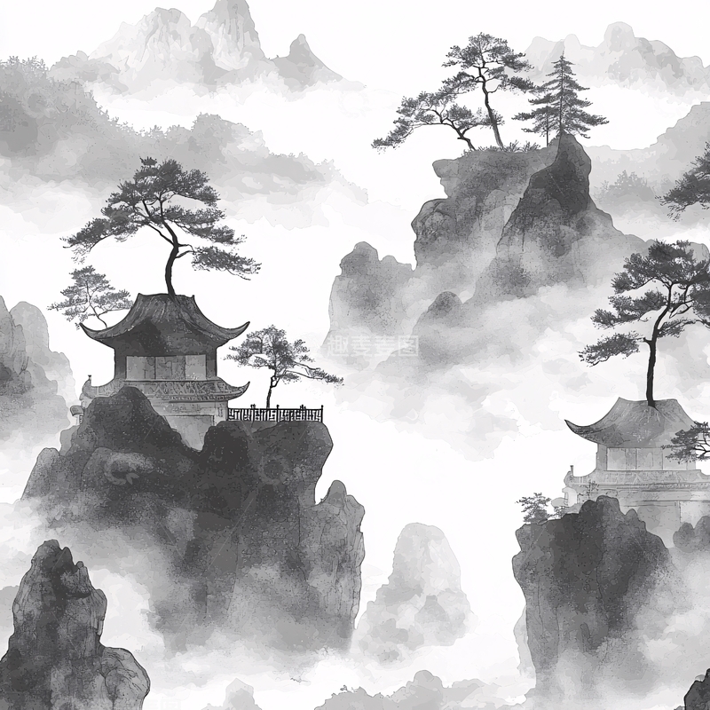 高清大图下载【趣麦麦图】水墨山水楼阁意境国风背景