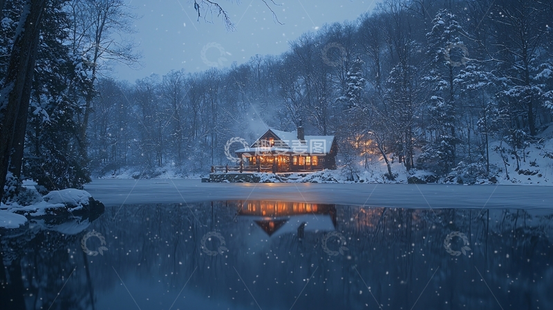 高清大图下载【趣麦麦图】雪夜木屋湖边倒影
