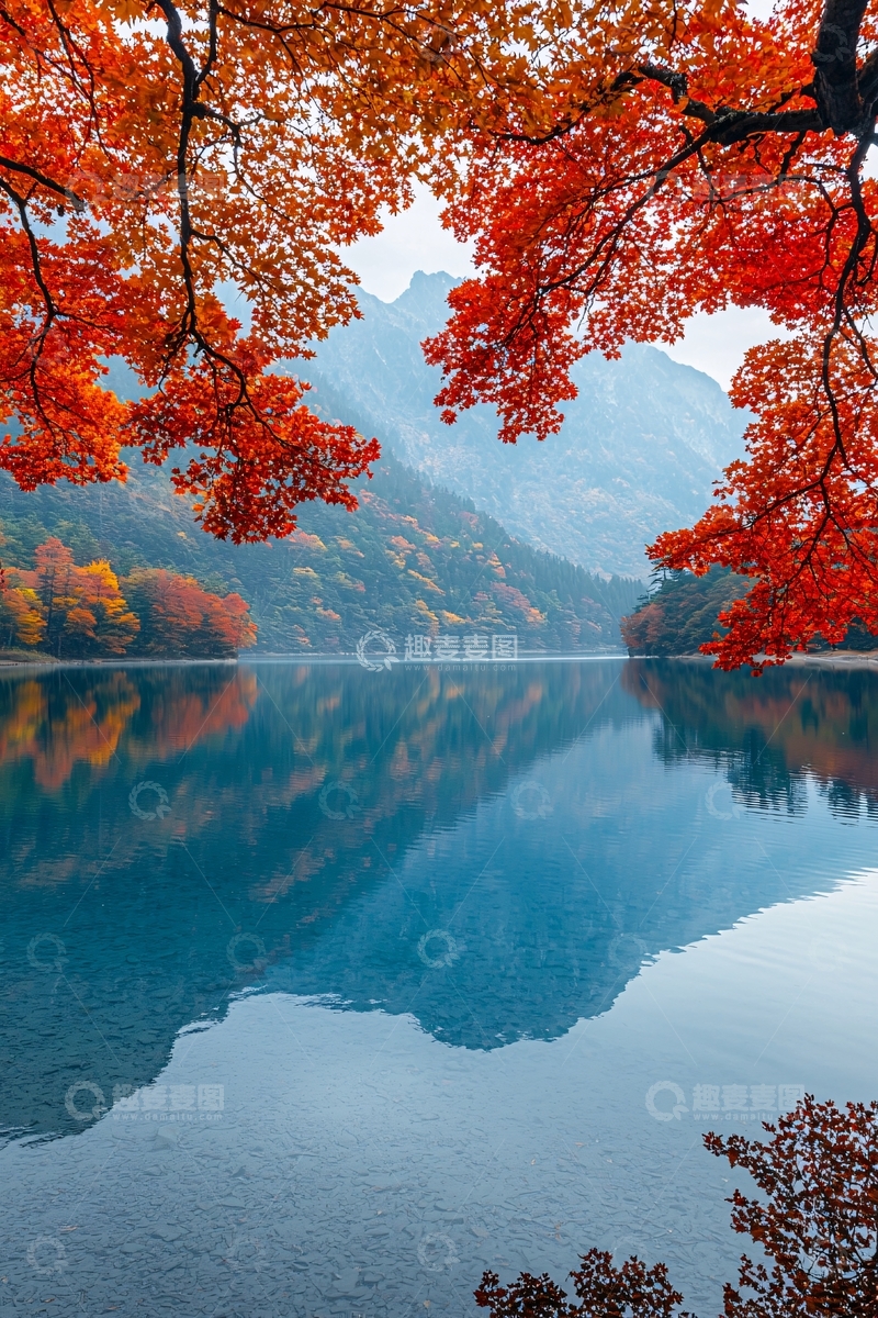 高清大图下载【趣麦麦图】秋日红叶倒映湖面