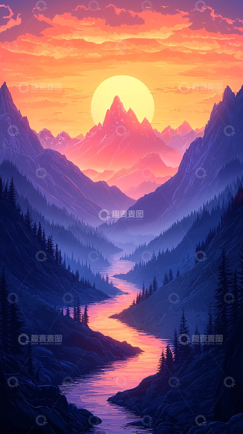 高清大图下载【趣麦麦图】日落山谷河流